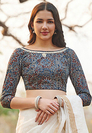 Ajrakh Printed Cotton Blouse in Blue