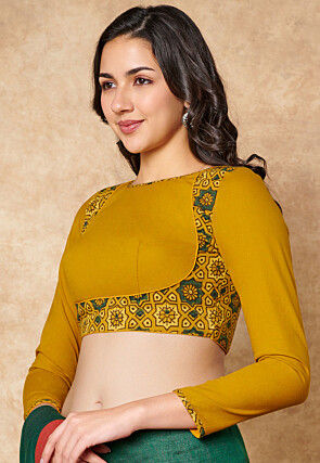 Ajrakh Printed Cotton Blouse in Mustard