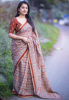 Ajrakh Printed Crepe Saree in Brown