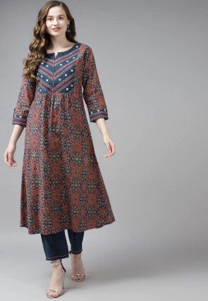 Ajrakh Printed Cotton Pakistani Suit in Navy Blue