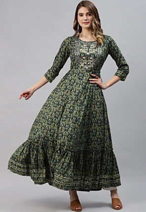 Ajrakh Printed Cotton Ruffled Gown in Dusty Green