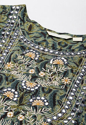 Ajrakh Printed Cotton Ruffled Gown in Dusty Green