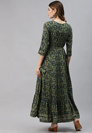 Ajrakh Printed Cotton Ruffled Gown in Dusty Green