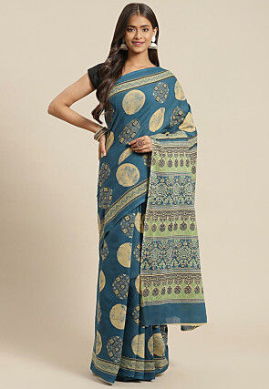 Ajrakh Printed Cotton Saree in Indigo Blue