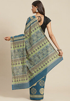 Ajrakh Printed Cotton Saree in Indigo Blue