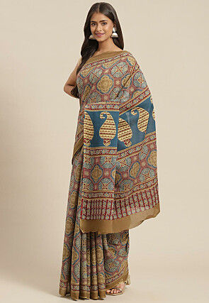 Ajrakh Printed Cotton Saree in Maroon
