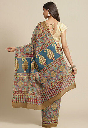 Ajrakh Printed Cotton Saree in Maroon