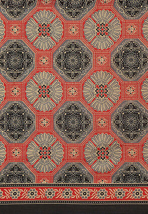 Ajrakh Printed Cotton Saree in Red and Grey