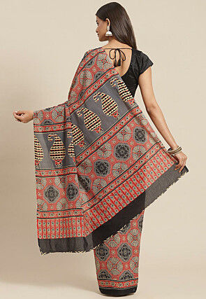 Ajrakh Printed Cotton Saree in Red and Grey