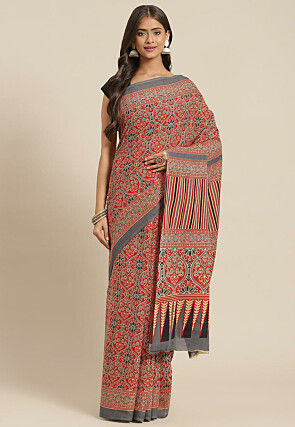 Ajrakh Printed Cotton Saree in Red and Grey