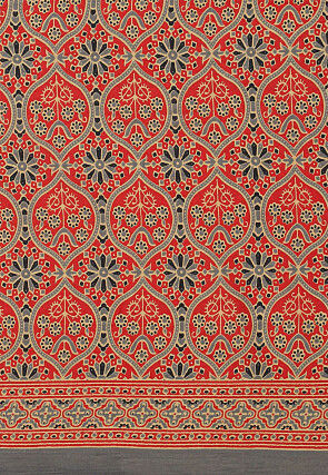 Ajrakh Printed Cotton Saree in Red and Grey