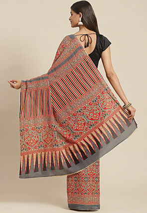 Ajrakh Printed Cotton Saree in Red and Grey