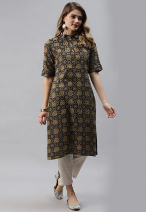 Ajrakh Printed Cotton Straight Kurta in Dark Brown and Multicolour