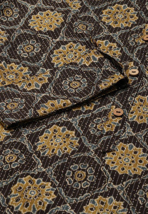 Ajrakh Printed Cotton Straight Kurta in Dark Brown and Multicolour