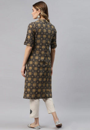 Ajrakh Printed Cotton Straight Kurta in Dark Brown and Multicolour