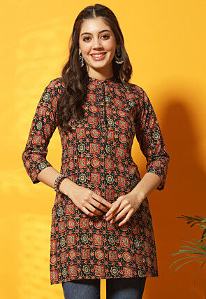 Ajrakh Printed Cotton Straight Kurti in Black