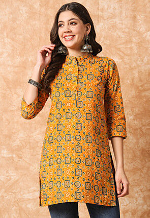 Ajrakh Printed Cotton Straight Kurti in Mustard