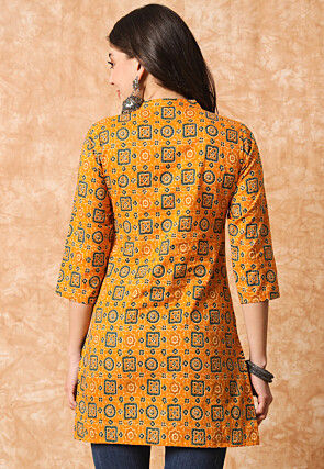 Ajrakh Printed Cotton Straight Kurti in Mustard