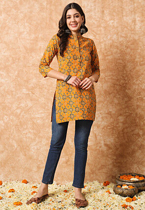 Ajrakh Printed Cotton Straight Kurti in Mustard