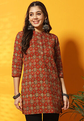 Ajrakh Printed Cotton Straight Kurti in Red
