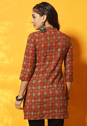 Ajrakh Printed Cotton Straight Kurti in Red