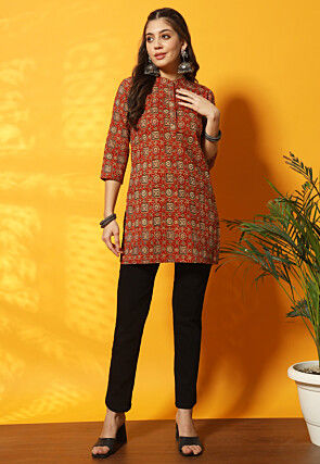 Ajrakh Printed Cotton Straight Kurti in Red