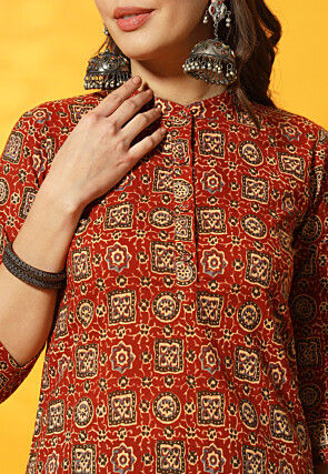 Ajrakh Printed Cotton Straight Kurti in Red