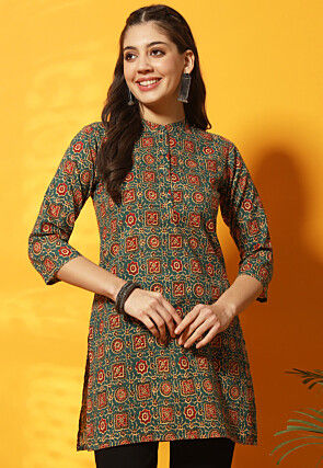 Ajrakh Printed Cotton Straight Kurti in Teal Green