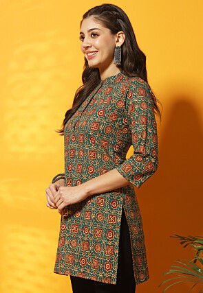 Ajrakh Printed Cotton Straight Kurti in Teal Green