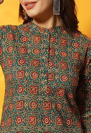 Ajrakh Printed Cotton Straight Kurti in Teal Green