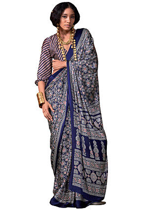 Ajrakh Printed Crepe Saree in Blue
