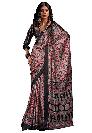 Ajrakh Printed Crepe Saree in Maroon