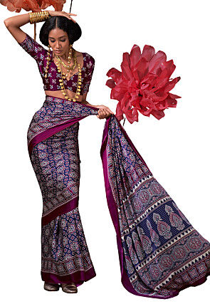 Ajrakh Printed Crepe Saree in Navy Blue