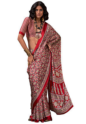 Ajrakh Printed Crepe Saree in Red