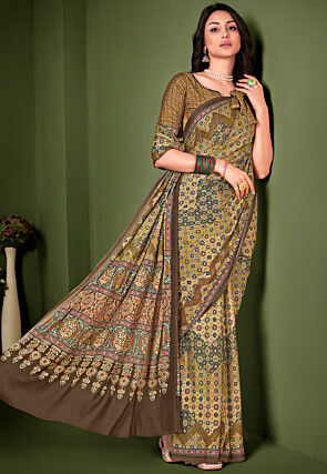 Ajrakh Printed Georgette Saree in Beige and Olive Green