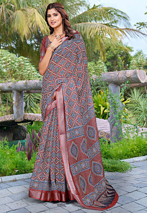 Ajrakh Printed Linen Cotton Saree in Maroon