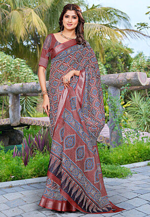 Ajrakh Printed Linen Cotton Saree in Maroon