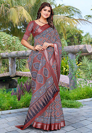 Ajrakh Printed Linen Cotton Saree in Maroon
