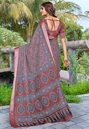 Ajrakh Printed Linen Cotton Saree in Maroon