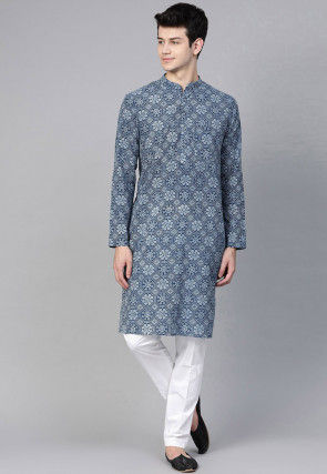 Ajrakh Printed Pure Cotton Kurta Set in Navy Blue