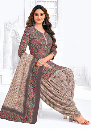 Ajrakh Printed Pure Cotton Punjabi Suit in Grey