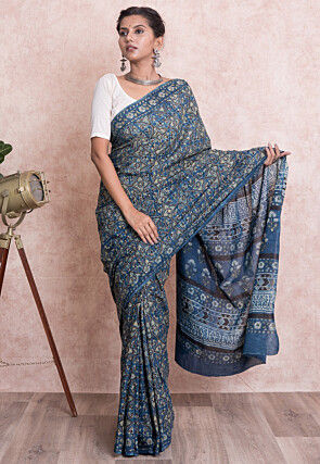 Ajrakh Printed Pure Cotton Saree in Blue