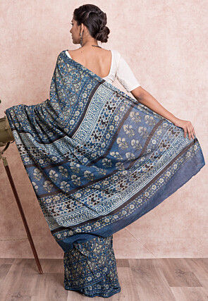 Ajrakh Printed Pure Cotton Saree in Blue