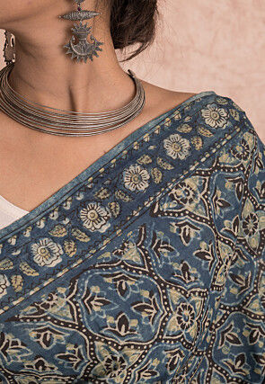 Ajrakh Printed Pure Cotton Saree in Blue