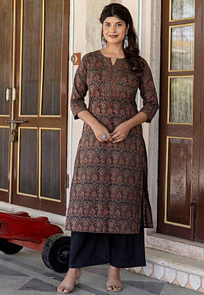 Ajrakh Printed Pure Cotton Straight Kurta in Black