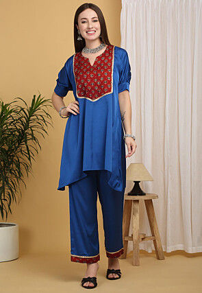 Ajrakh Printed Satin Asymmetric Tunic Set in Royal Blue