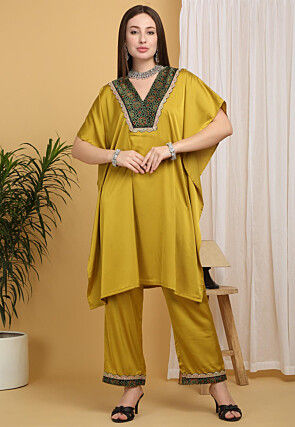 Ajrakh Printed Satin Kaftan Set in Mustard