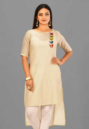 Appliqued Cotton Chanderi High Low Kurta in Light Beige