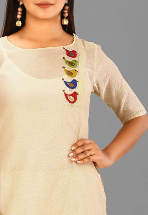 Appliqued Cotton Chanderi High Low Kurta in Light Beige