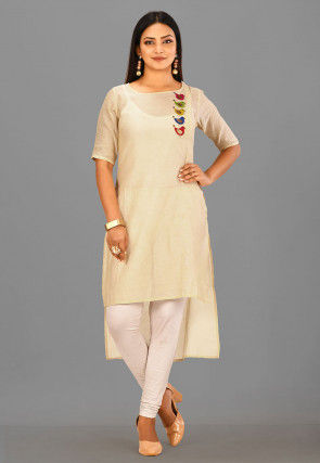 Appliqued Cotton Chanderi High Low Kurta in Light Beige